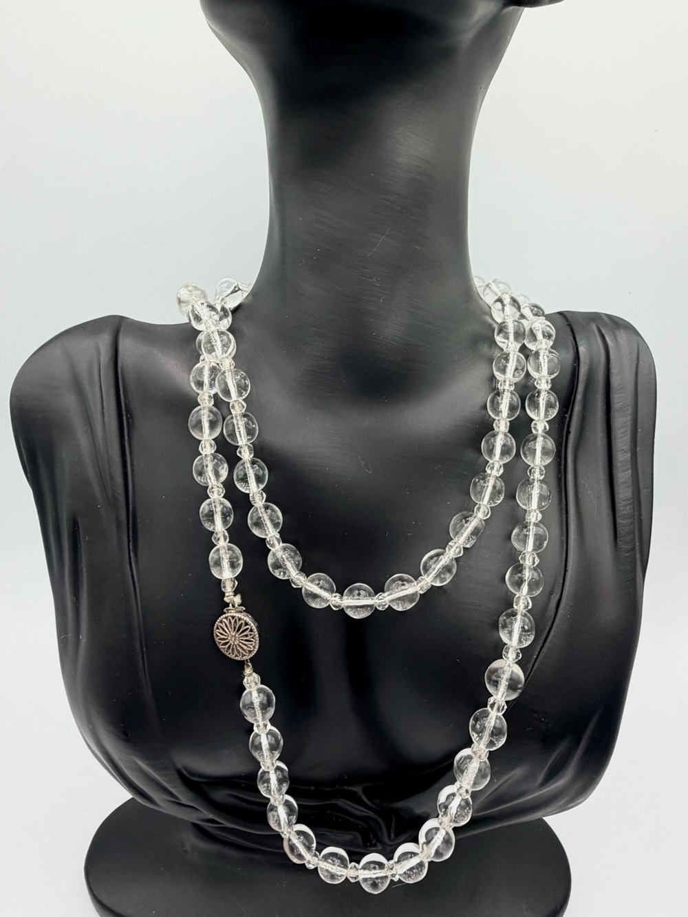 Art Deco 1930s Premium Czech Cut Glass Bead Necklace Sterling Filigree Clasp 36”